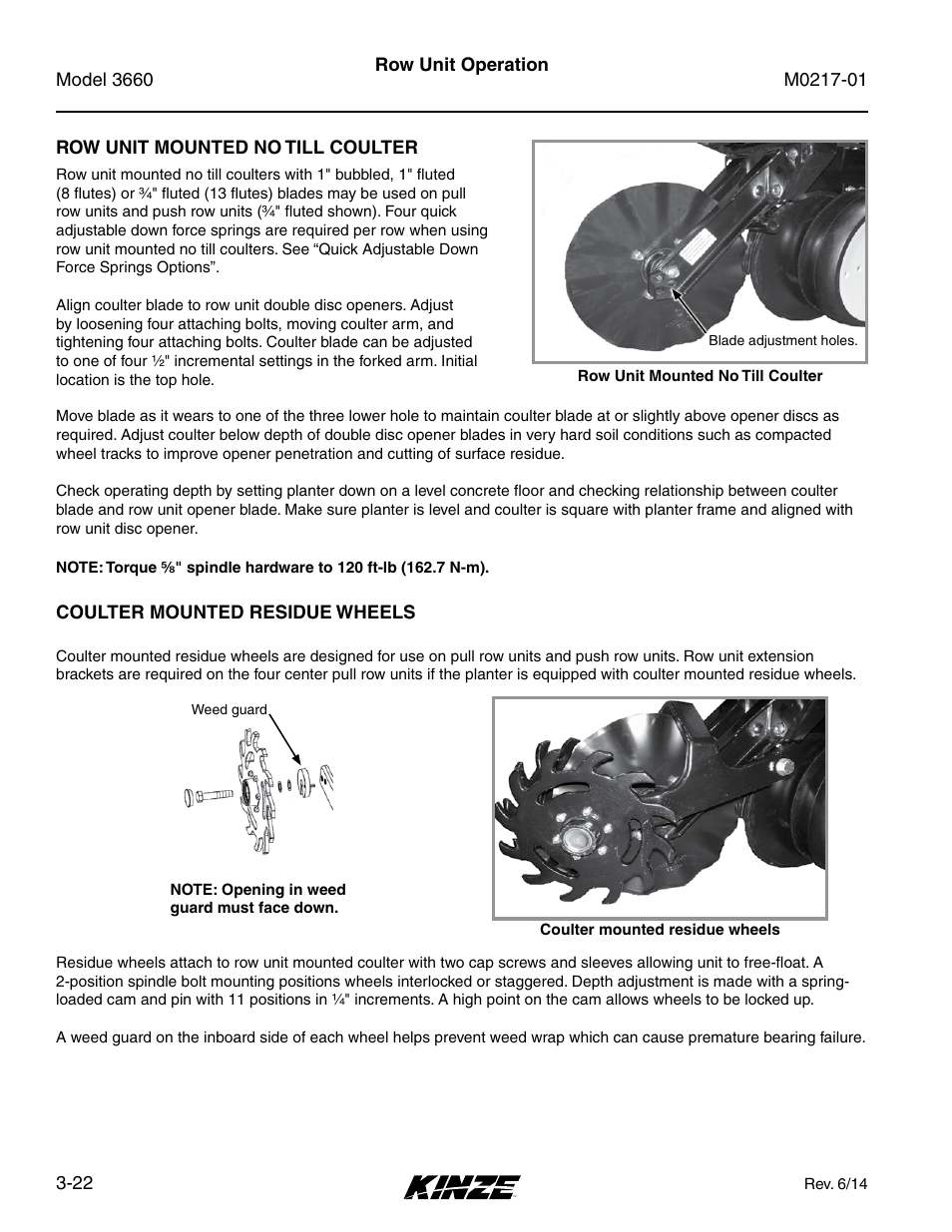 Row unit mounted no till coulter, Coulter mounted residue wheels, Row unit mounted no till coulter -22 | Coulter mounted residue wheels -22 | Kinze 3660 Lift and Rotate Planter Rev. 7/14 User Manual | Page 66 / 150