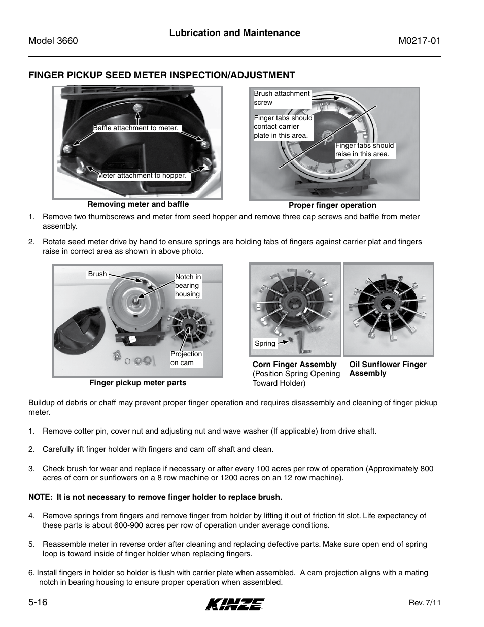 Finger pickup seed meter inspection/adjustment, Finger pickup seed meter inspection/adjustment -16 | Kinze 3660 Lift and Rotate Planter Rev. 7/14 User Manual | Page 96 / 150