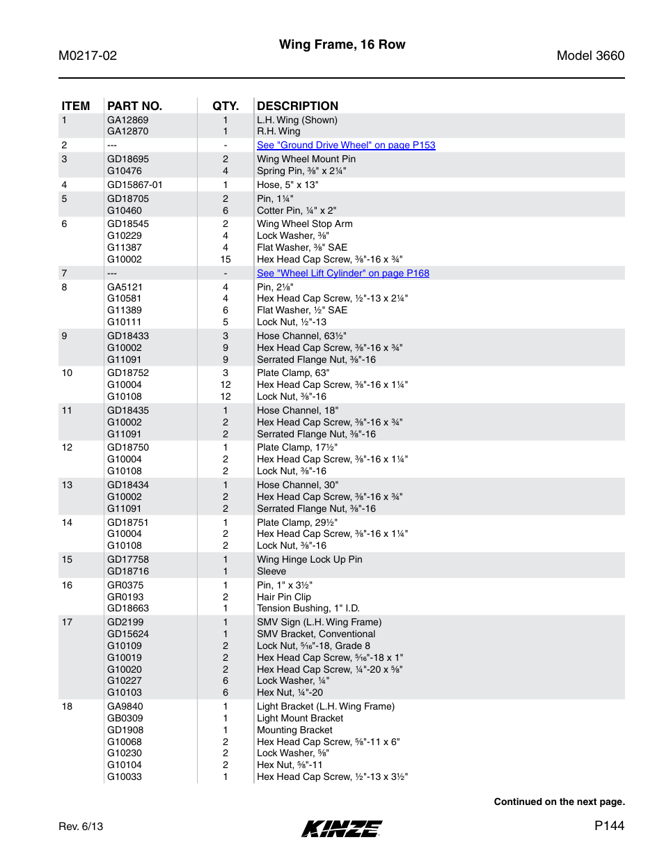 Wing frame, 16 row, P144 | Kinze 3660 Lift and Rotate Planter Rev. 6/14 User Manual | Page 147 / 282