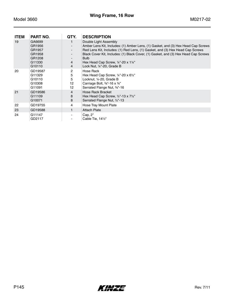 Wing frame, 16 row | Kinze 3660 Lift and Rotate Planter Rev. 6/14 User Manual | Page 148 / 282
