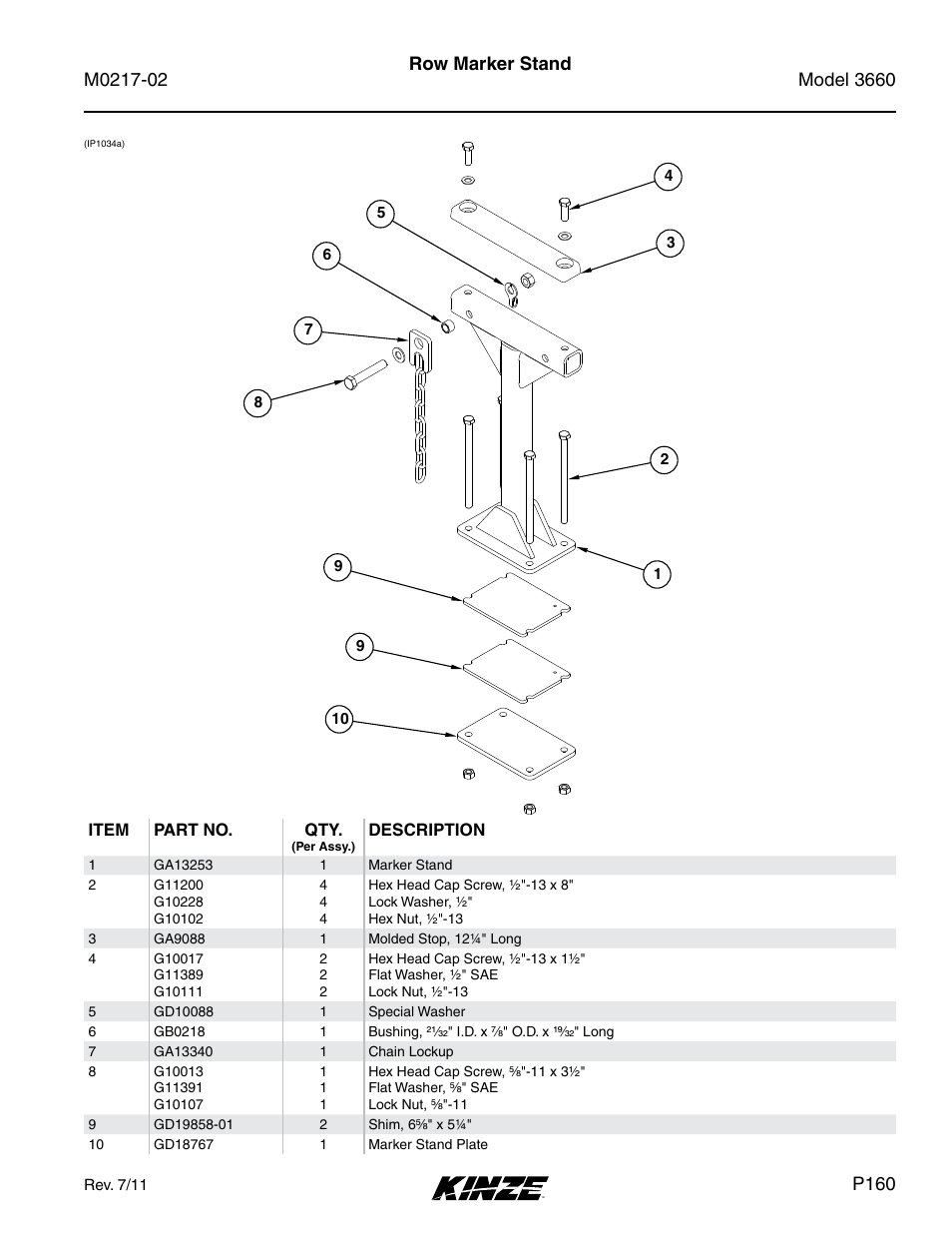 Row marker stand, P160 | Kinze 3660 Lift and Rotate Planter Rev. 6/14 User Manual | Page 163 / 282