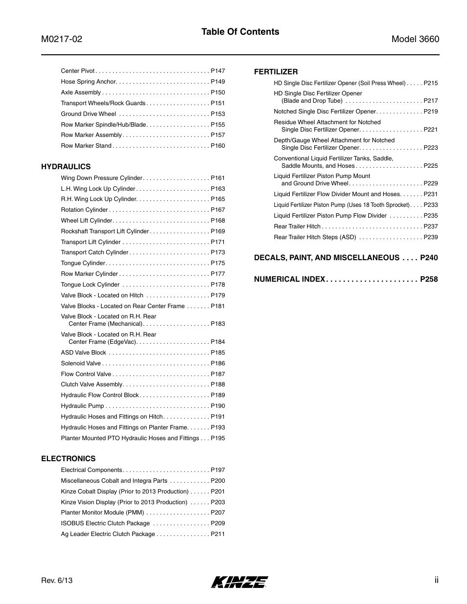 Ii table of contents | Kinze 3660 Lift and Rotate Planter Rev. 6/14 User Manual | Page 3 / 282