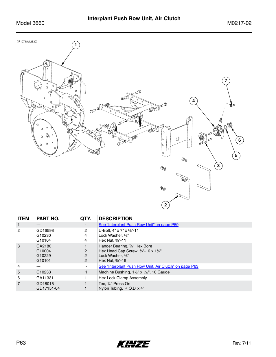 Interplant push row unit, air clutch, Item part no. qty. description | Kinze 3660 Lift and Rotate Planter Rev. 6/14 User Manual | Page 66 / 282