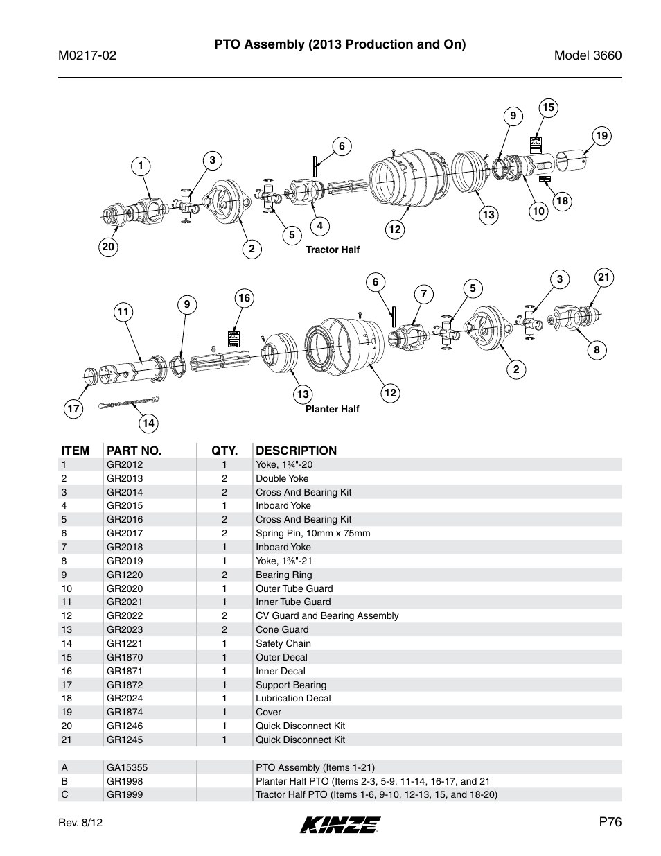 Pto assembly (2013 production and on) | Kinze 3660 Lift and Rotate Planter Rev. 6/14 User Manual | Page 79 / 282