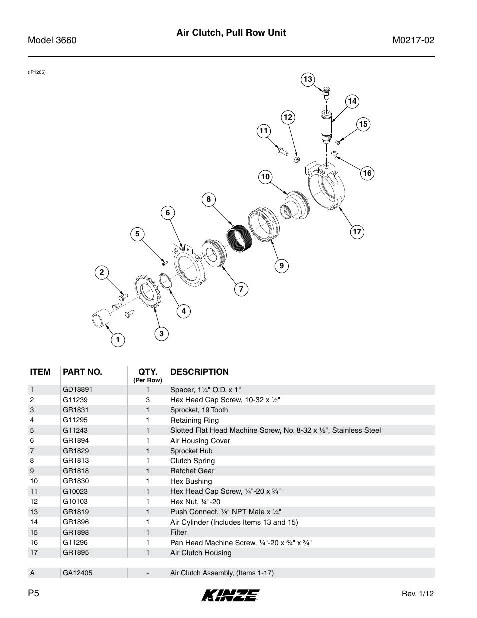 Air clutch, pull row unit, Item part no. qty, Description | Rev. 1/12 | Kinze 3660 Lift and Rotate Planter Rev. 6/14 User Manual | Page 8 / 282