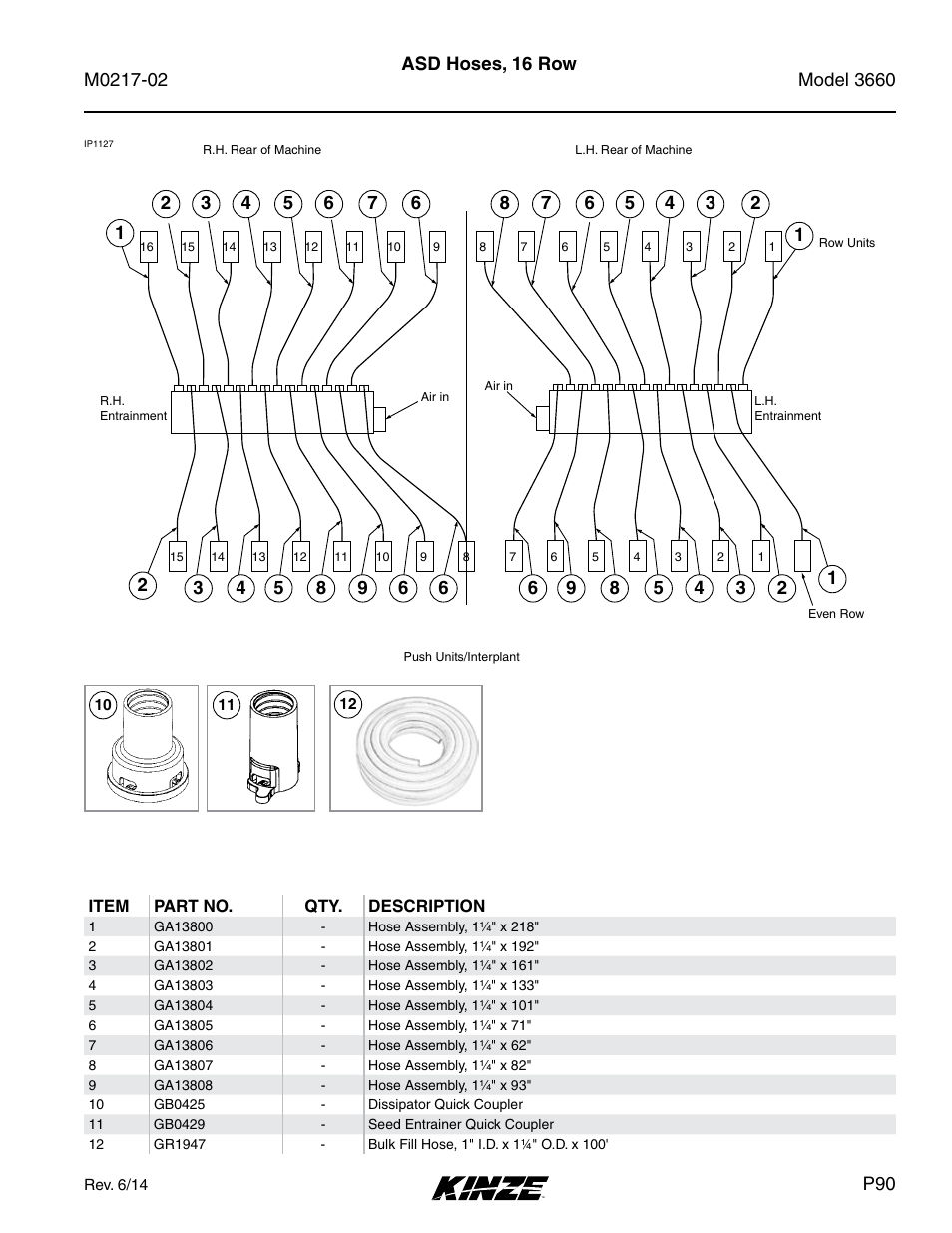Asd hoses, 16 row | Kinze 3660 Lift and Rotate Planter Rev. 6/14 User Manual | Page 93 / 282
