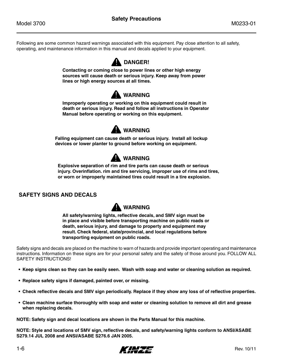 Safety signs and decals, Safety precautions, Safety signs and decals -6 | Safety precautions -6 | Kinze 3700 Front Folding Planter Rev. 7/14 User Manual | Page 10 / 172