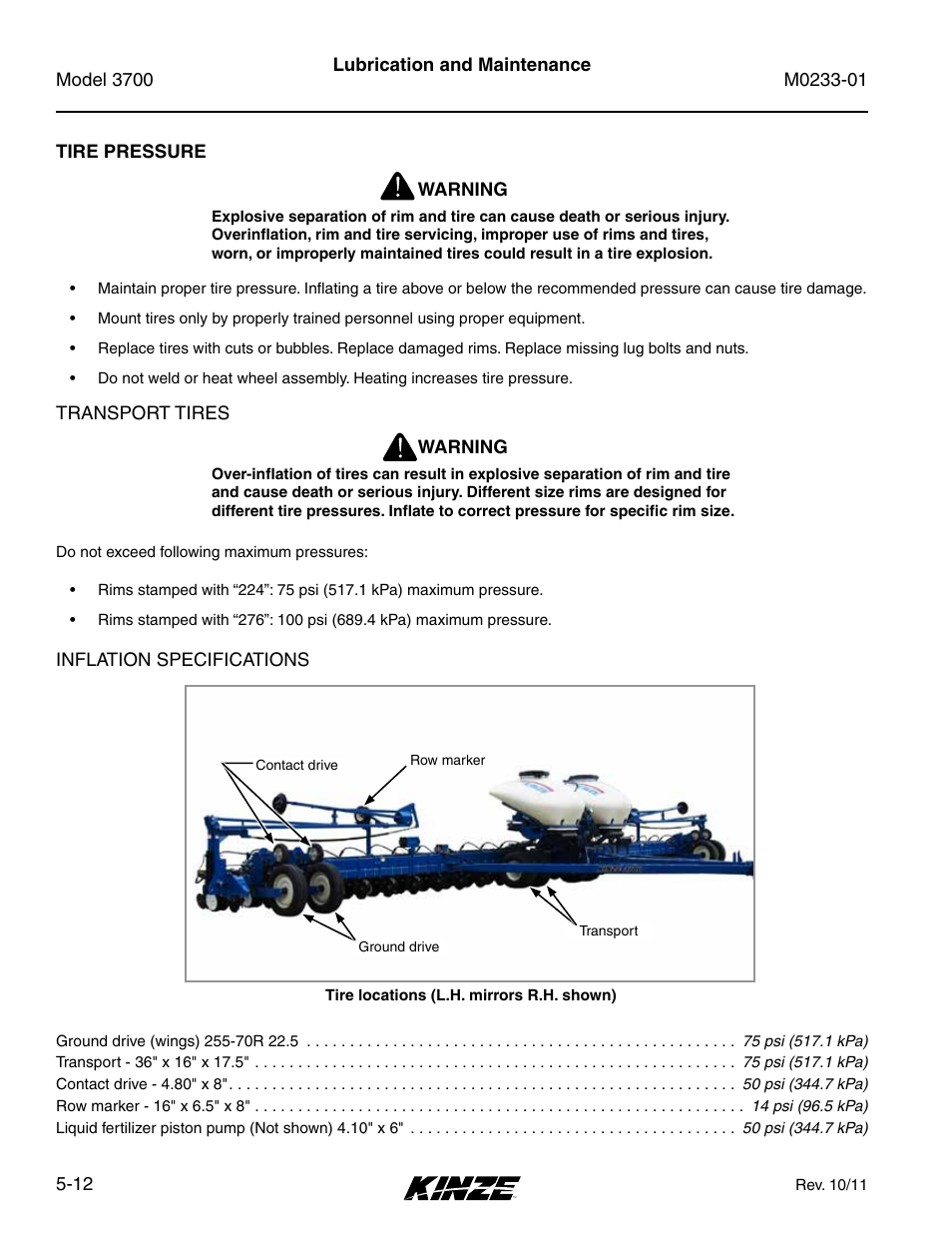 Tire pressure, Tire pressure -12 | Kinze 3700 Front Folding Planter Rev. 7/14 User Manual | Page 108 / 172