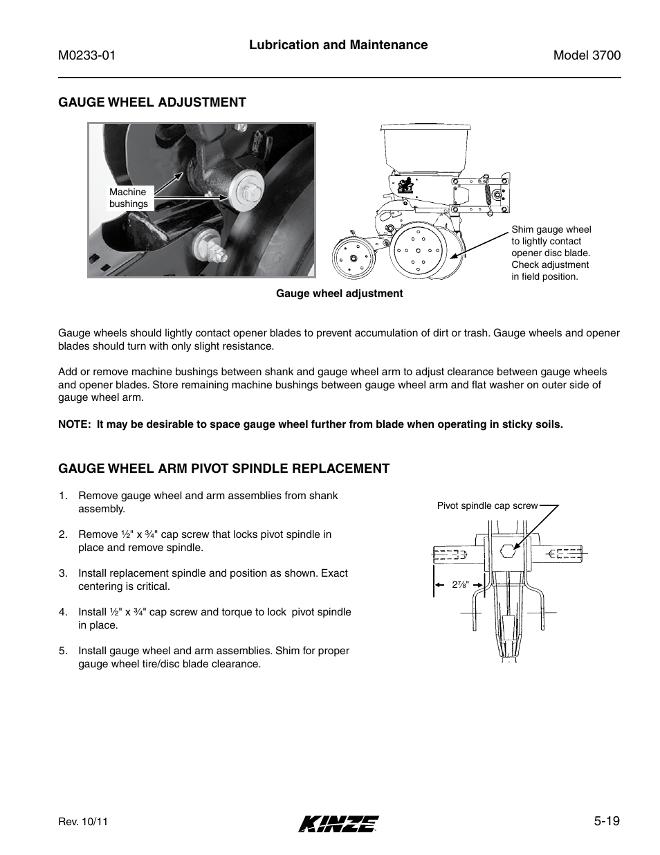 Gauge wheel adjustment, Gauge wheel arm pivot spindle replacement | Kinze 3700 Front Folding Planter Rev. 7/14 User Manual | Page 115 / 172