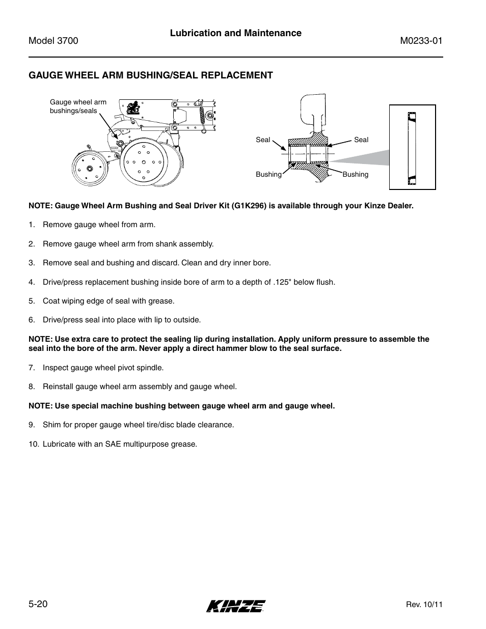 Gauge wheel arm bushing/seal replacement, Gauge wheel arm bushing/seal replacement -20 | Kinze 3700 Front Folding Planter Rev. 7/14 User Manual | Page 116 / 172