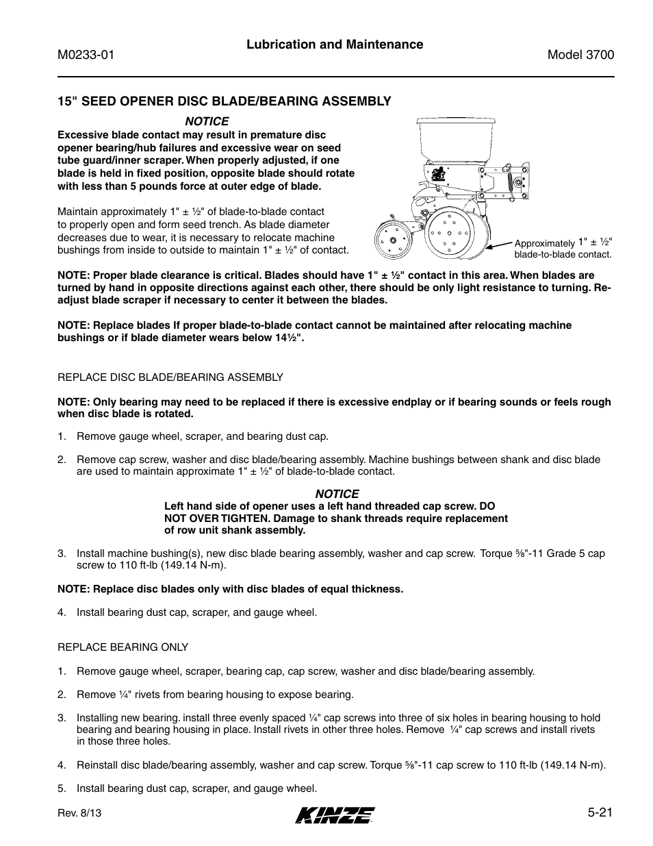 15" seed opener disc blade/bearing assembly, 15" seed opener disc blade/bearing assembly -21 | Kinze 3700 Front Folding Planter Rev. 7/14 User Manual | Page 117 / 172
