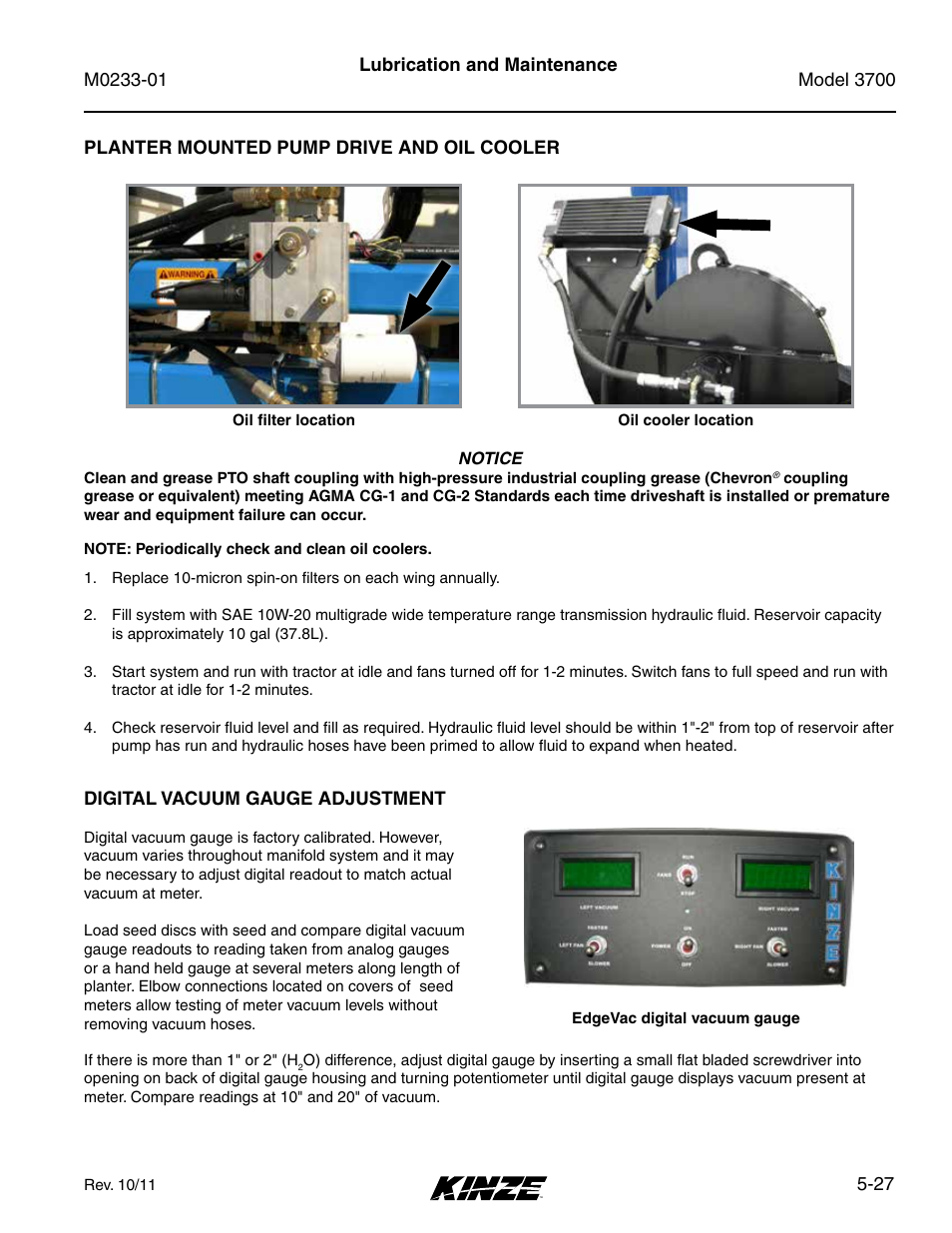 Planter mounted pump drive and oil cooler, Digital vacuum gauge adjustment | Kinze 3700 Front Folding Planter Rev. 7/14 User Manual | Page 123 / 172