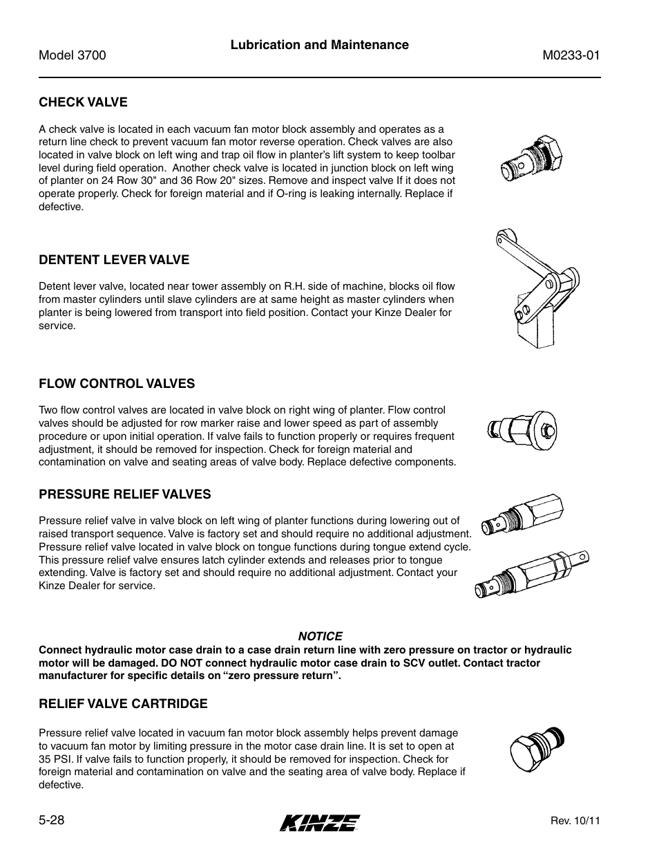 Check valve, Dentent lever valve, Flow control valves | Pressure relief valves, Relief valve cartridge | Kinze 3700 Front Folding Planter Rev. 7/14 User Manual | Page 124 / 172
