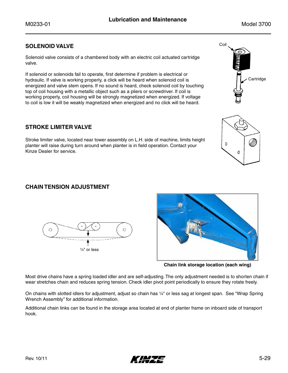 Solenoid valve, Stroke limiter valve, Chain tension adjustment | Kinze 3700 Front Folding Planter Rev. 7/14 User Manual | Page 125 / 172