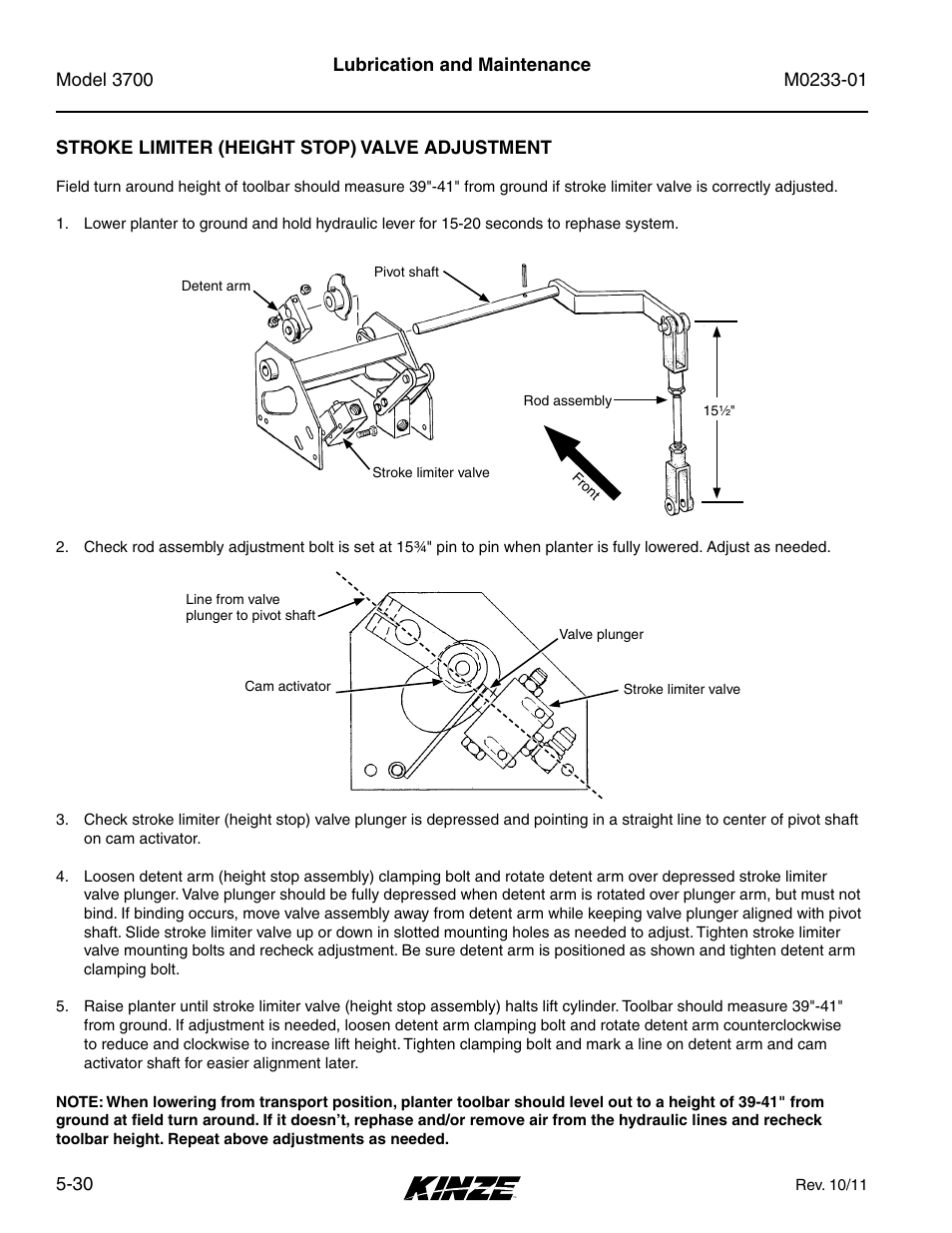 Stroke limiter (height stop) valve adjustment, Stroke limiter (height stop) valve adjustment -30 | Kinze 3700 Front Folding Planter Rev. 7/14 User Manual | Page 126 / 172