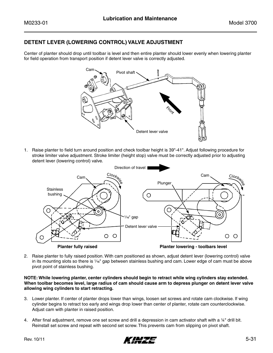 Detent lever (lowering control) valve adjustment | Kinze 3700 Front Folding Planter Rev. 7/14 User Manual | Page 127 / 172