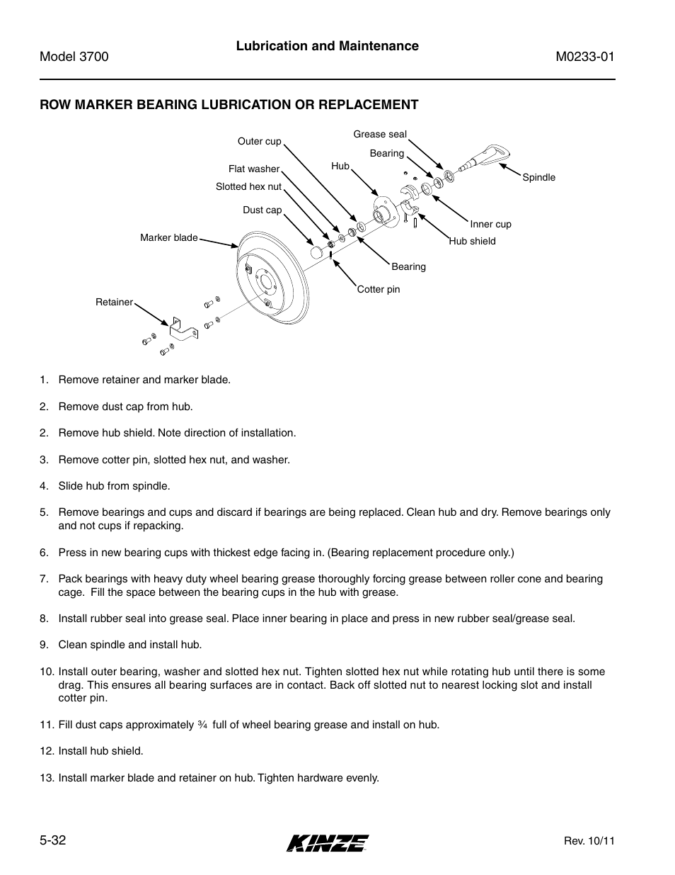 Row marker bearing lubrication or replacement, Row marker bearing lubrication or replacement -32 | Kinze 3700 Front Folding Planter Rev. 7/14 User Manual | Page 128 / 172