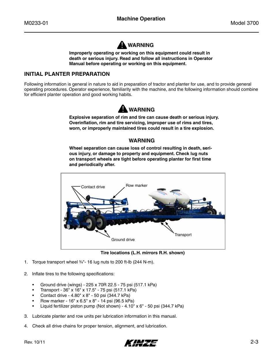 Initial planter preparation, Initial planter preparation -3 | Kinze 3700 Front Folding Planter Rev. 7/14 User Manual | Page 13 / 172