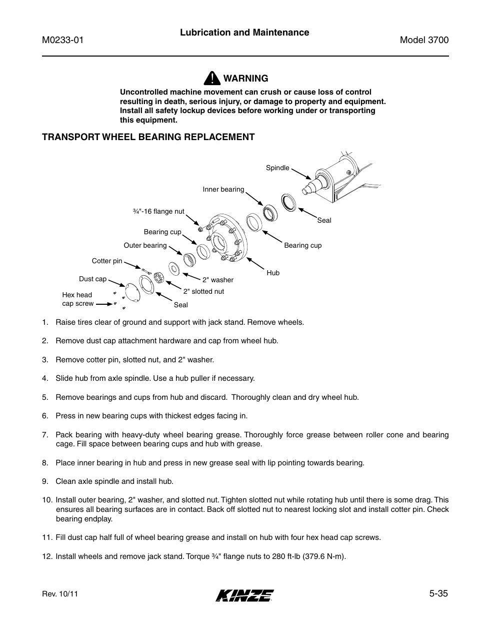 Transport wheel bearing replacement, Transport wheel bearing replacement -35 | Kinze 3700 Front Folding Planter Rev. 7/14 User Manual | Page 131 / 172