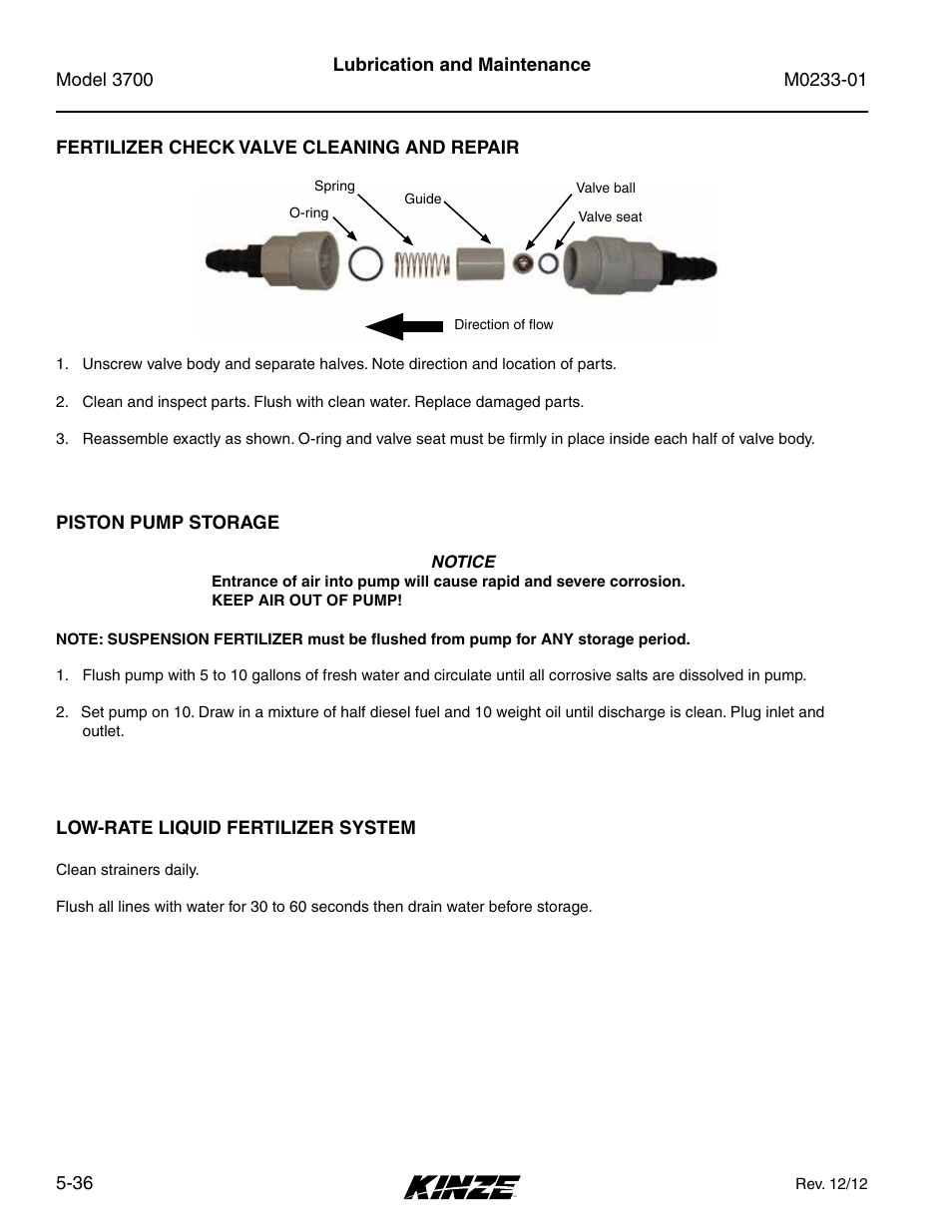 Fertilizer check valve cleaning and repair, Piston pump storage, Low-rate liquid fertilizer system | Kinze 3700 Front Folding Planter Rev. 7/14 User Manual | Page 132 / 172