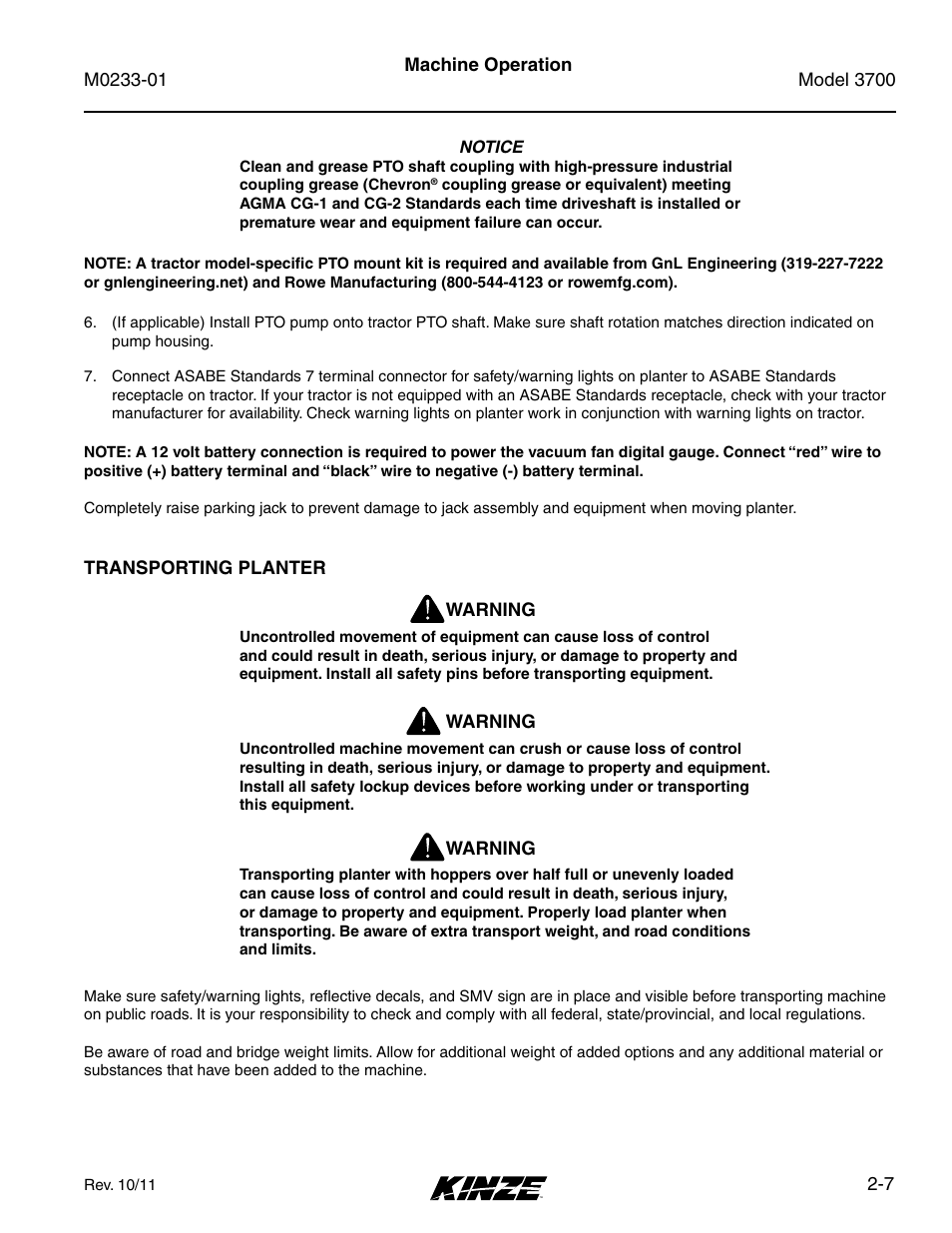 Transporting planter, Transporting planter -7 | Kinze 3700 Front Folding Planter Rev. 7/14 User Manual | Page 17 / 172