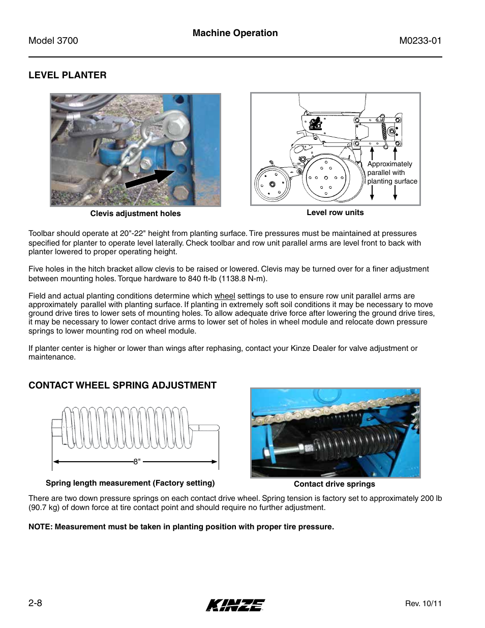 Level planter, Contact wheel spring adjustment, Level planter -8 | Contact wheel spring adjustment -8 | Kinze 3700 Front Folding Planter Rev. 7/14 User Manual | Page 18 / 172