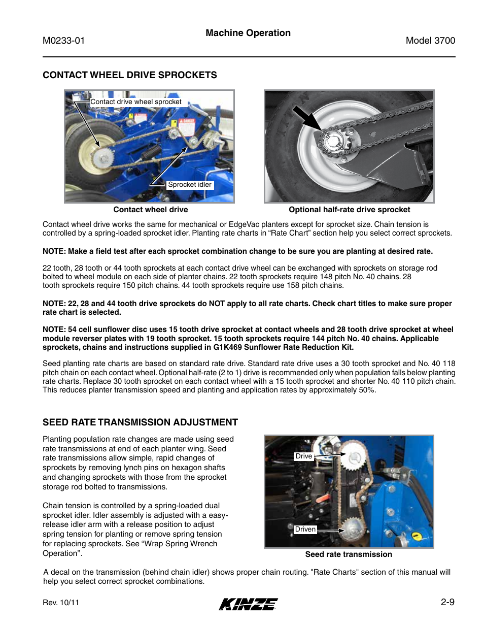 Contact wheel drive sprockets, Seed rate transmission adjustment, Contact wheel drive sprockets -9 | Seed rate transmission adjustment -9 | Kinze 3700 Front Folding Planter Rev. 7/14 User Manual | Page 19 / 172