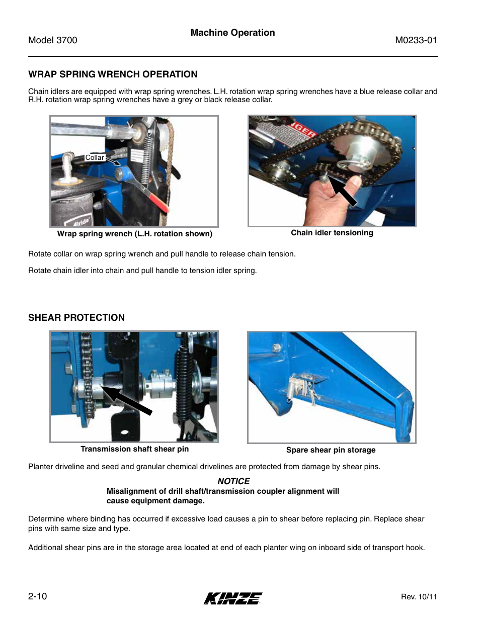 Wrap spring wrench operation, Shear protection, Wrap spring wrench operation -10 | Shear protection -10 | Kinze 3700 Front Folding Planter Rev. 7/14 User Manual | Page 20 / 172