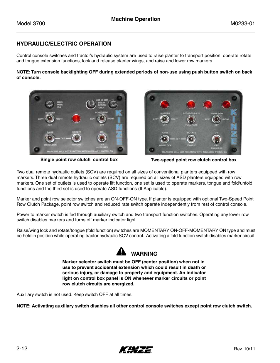Hydraulic/electric operation, Hydraulic/electric operation -12 | Kinze 3700 Front Folding Planter Rev. 7/14 User Manual | Page 22 / 172