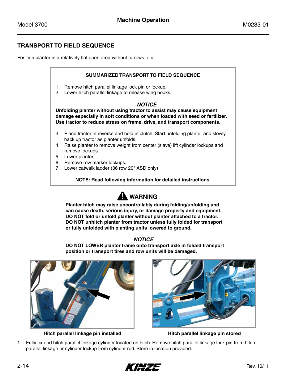 Transport to field sequence, Transport to field sequence -14 | Kinze 3700 Front Folding Planter Rev. 7/14 User Manual | Page 24 / 172