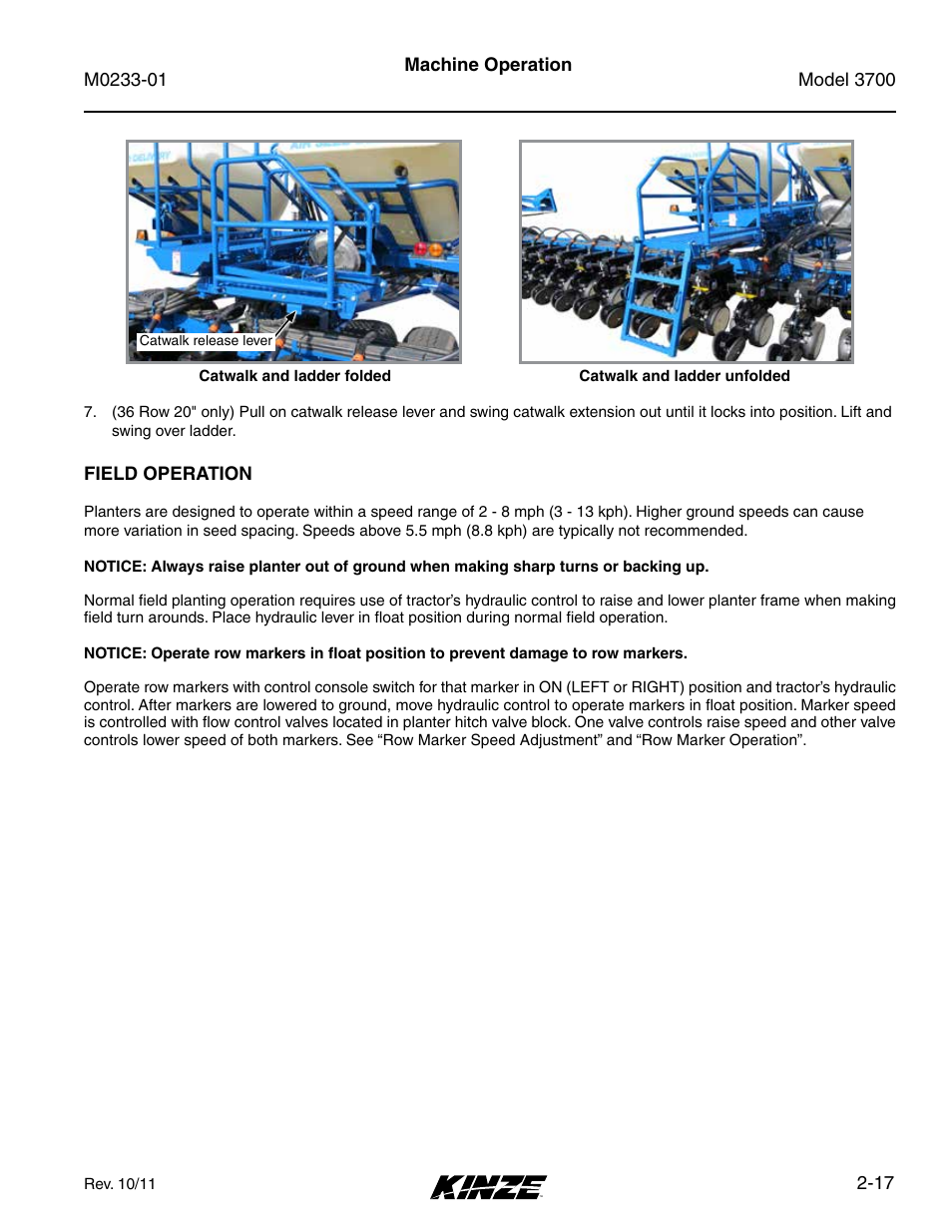 Field operation, Field operation -17 | Kinze 3700 Front Folding Planter Rev. 7/14 User Manual | Page 27 / 172