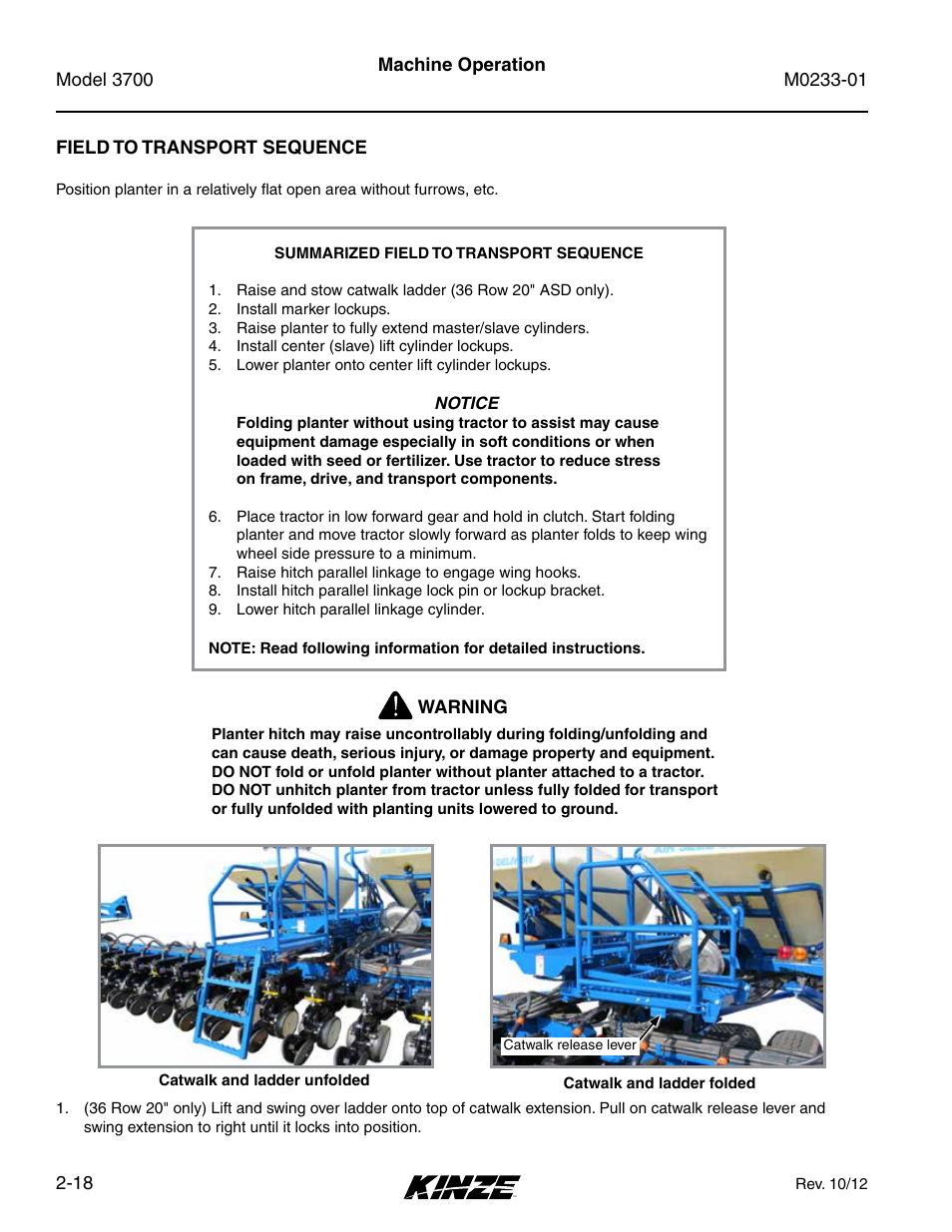 Field to transport sequence, Field to transport sequence -18 | Kinze 3700 Front Folding Planter Rev. 7/14 User Manual | Page 28 / 172