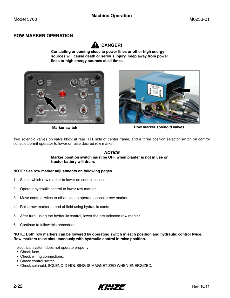 Row marker operation, Row marker operation -22 | Kinze 3700 Front Folding Planter Rev. 7/14 User Manual | Page 32 / 172