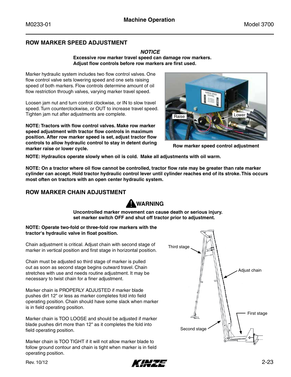 Row marker speed adjustment, Row marker chain adjustment, Row marker speed adjustment -23 | Row marker chain adjustment -23 | Kinze 3700 Front Folding Planter Rev. 7/14 User Manual | Page 33 / 172