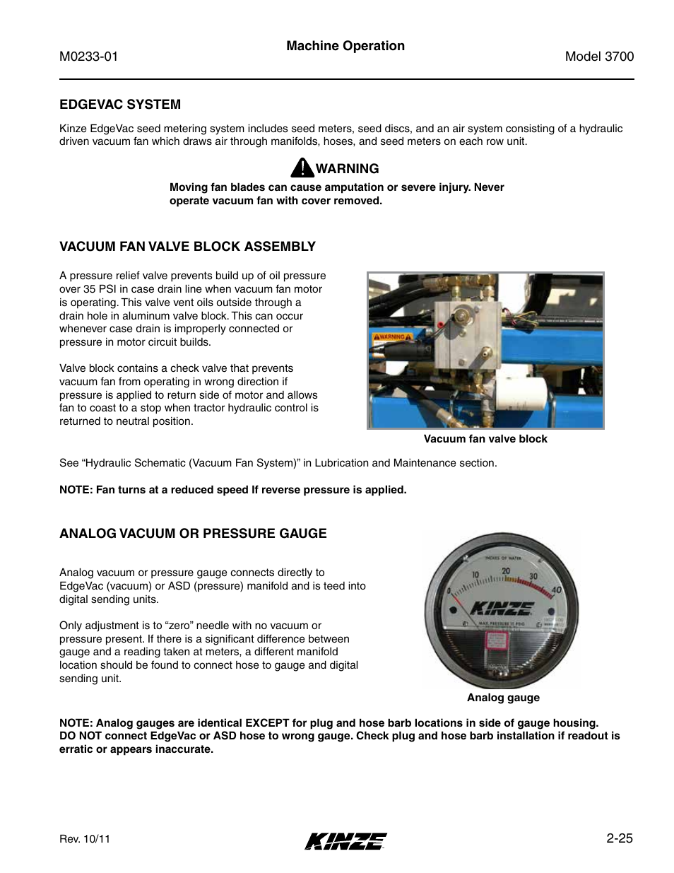 Edgevac system, Vacuum fan valve block assembly, Analog vacuum or pressure gauge | Edgevac system -25, Vacuum fan valve block assembly -25, Analog vacuum or pressure gauge -25 | Kinze 3700 Front Folding Planter Rev. 7/14 User Manual | Page 35 / 172