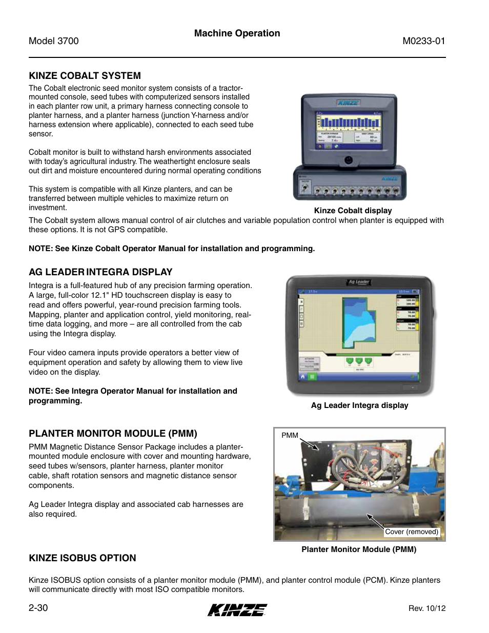 Kinze cobalt system, Ag leader integra display, Planter monitor module (pmm) | Kinze isobus option, Kinze cobalt system -30, Ag leader, Integra display -30, Planter monitor module (pmm) -30, Kinze isobus option -30 | Kinze 3700 Front Folding Planter Rev. 7/14 User Manual | Page 40 / 172