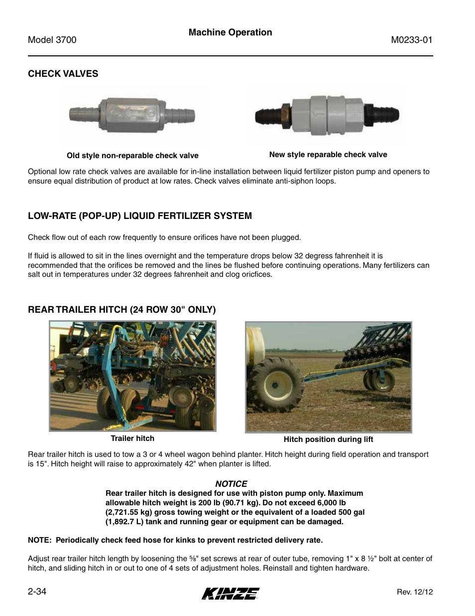 Check valves, Low-rate (pop-up) liquid fertilizer system, Rear trailer hitch (24 row 30" only) | Check valves -34, Low-rate (pop-up) liquid fertilizer system -34, Rear trailer hitch (24 row 30" only) -34 | Kinze 3700 Front Folding Planter Rev. 7/14 User Manual | Page 44 / 172