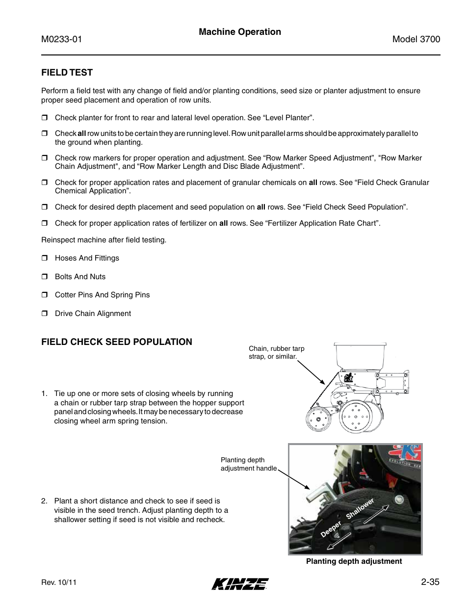 Field test, Field check seed population, Field test -35 | Field check seed population -35 | Kinze 3700 Front Folding Planter Rev. 7/14 User Manual | Page 45 / 172