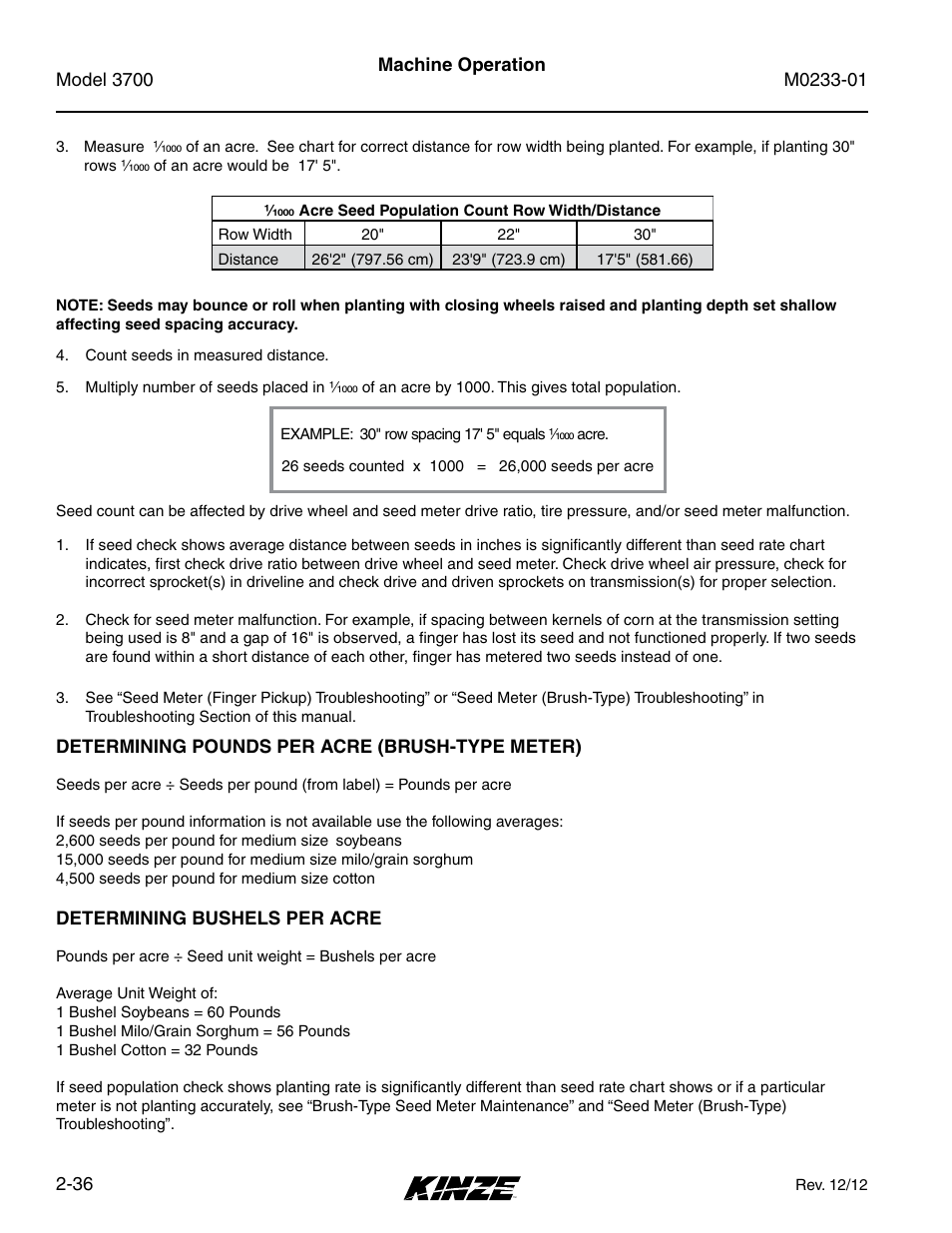 Determining pounds per acre (brush-type meter), Determining bushels per acre, Determining pounds per acre (brush-type meter) -36 | Determining bushels per acre -36 | Kinze 3700 Front Folding Planter Rev. 7/14 User Manual | Page 46 / 172