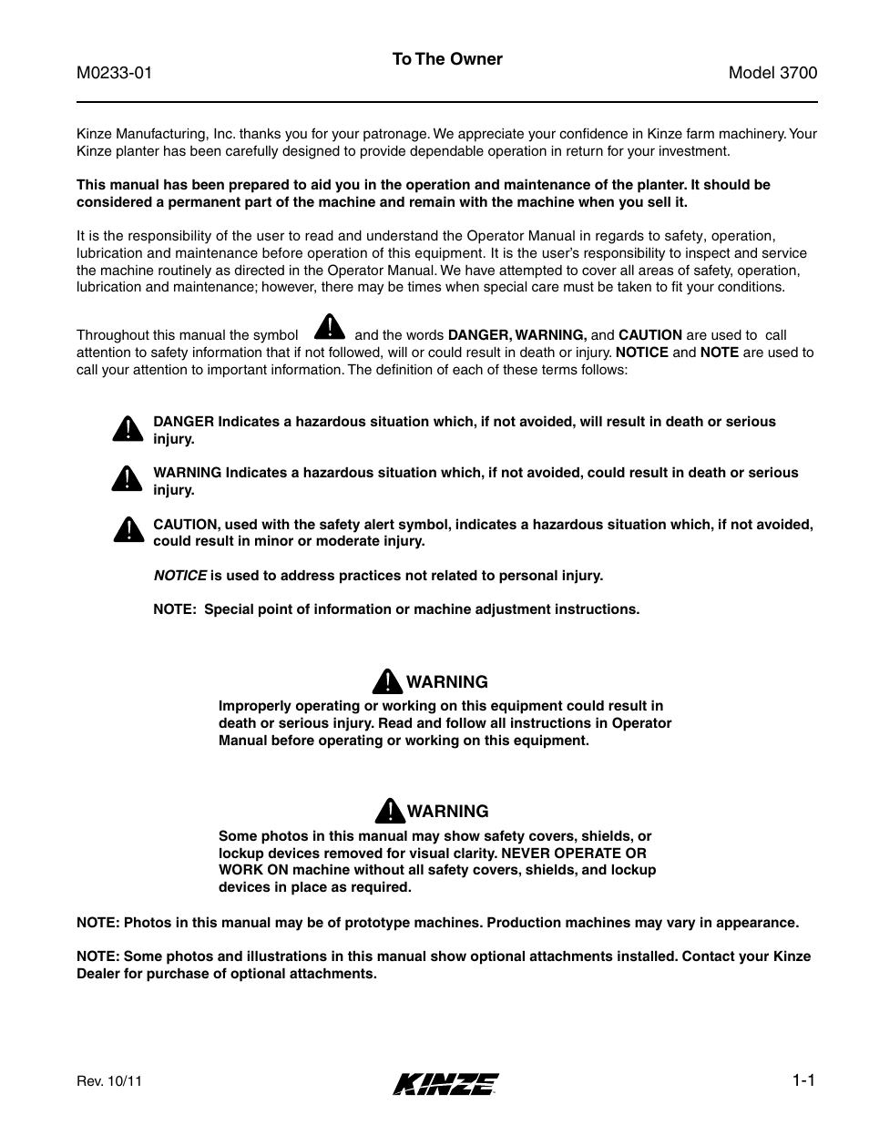 Overview, To the owner, To the owner -1 | Kinze 3700 Front Folding Planter Rev. 7/14 User Manual | Page 5 / 172
