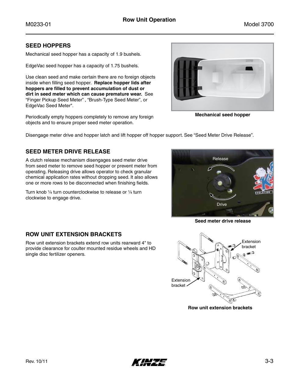 Seed hoppers, Seed meter drive release, Row unit extension brackets | Seed hoppers -3, Seed meter drive release -3, Row unit extension brackets -3 | Kinze 3700 Front Folding Planter Rev. 7/14 User Manual | Page 51 / 172