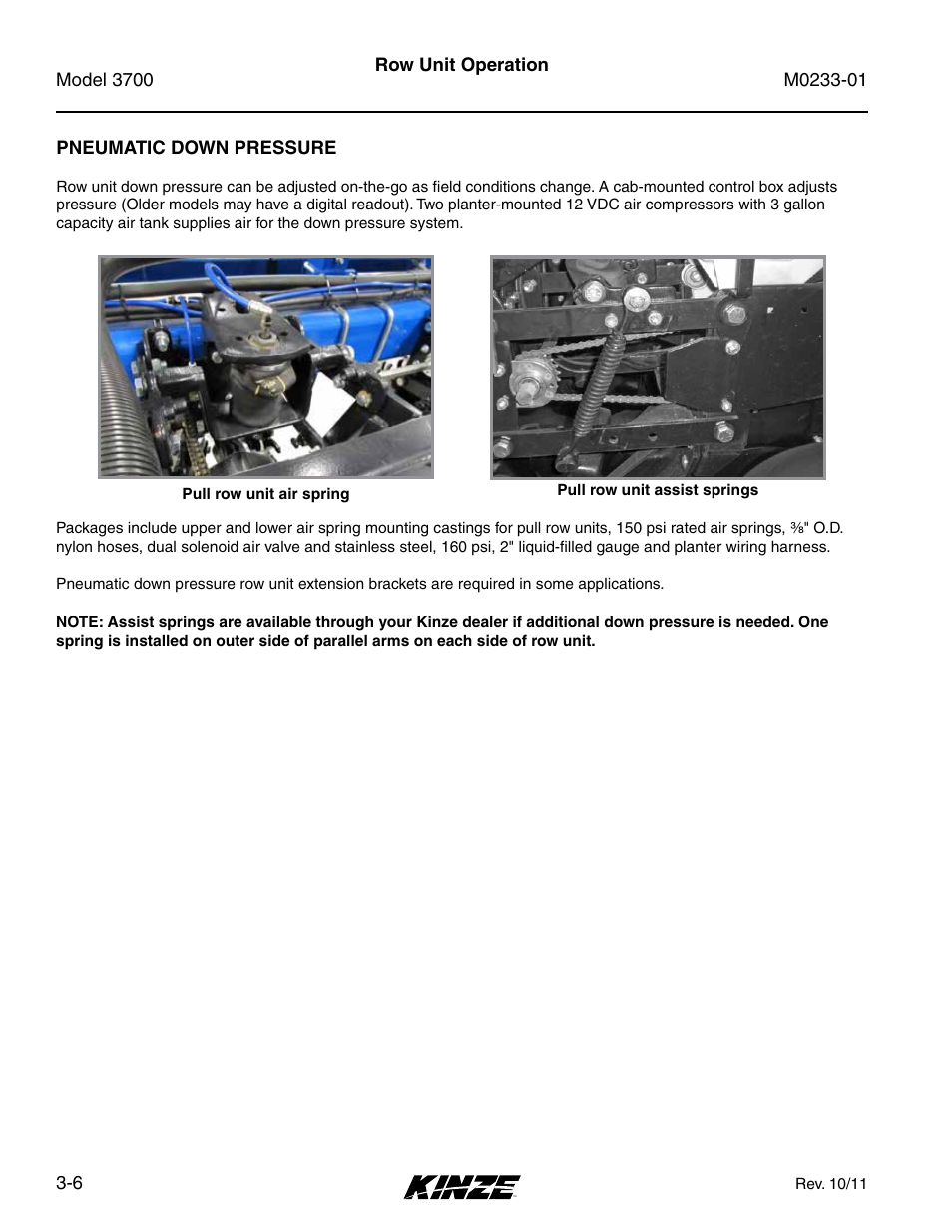 Pneumatic down pressure, Pneumatic down pressure -6 | Kinze 3700 Front Folding Planter Rev. 7/14 User Manual | Page 54 / 172