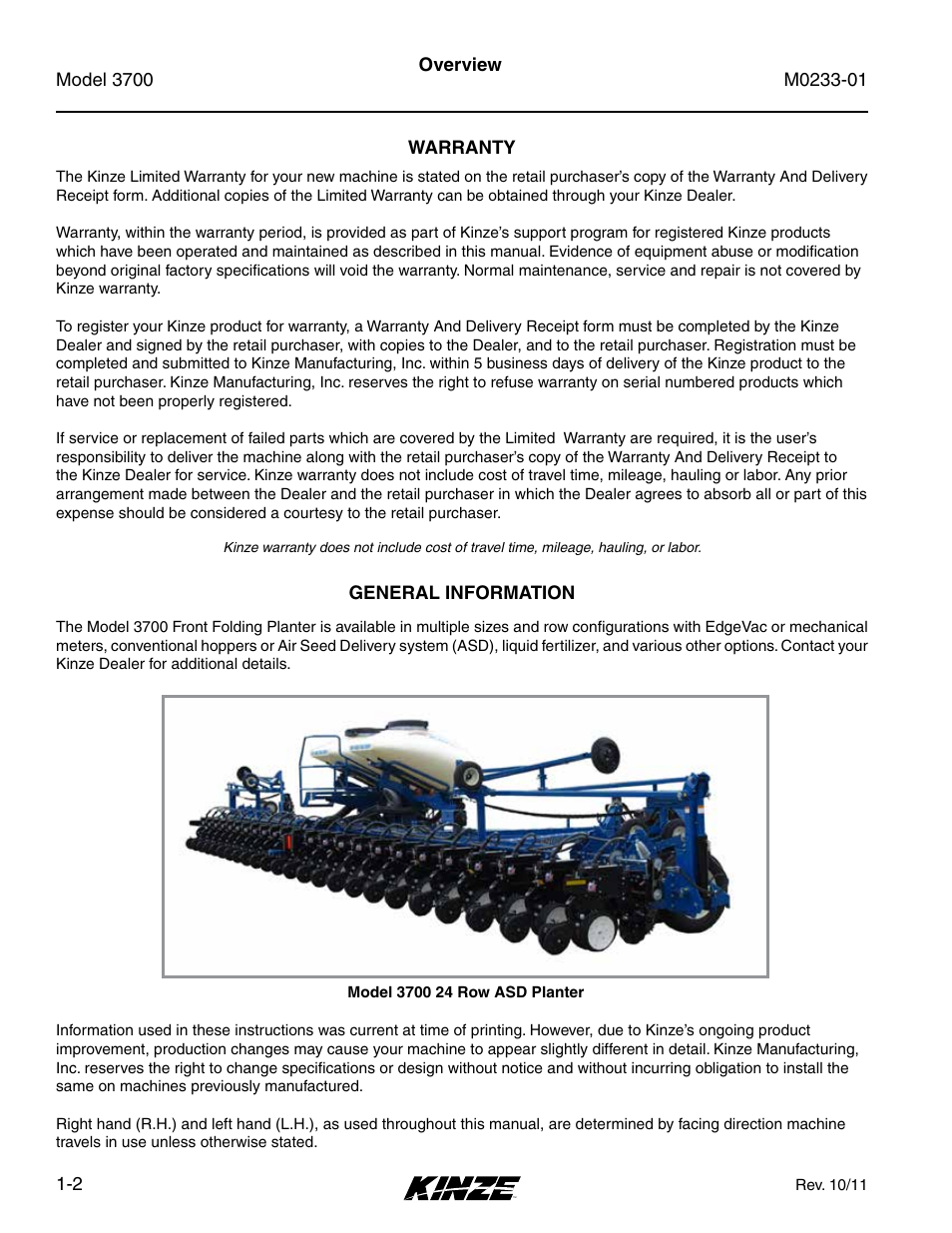 Warranty, General information, Warranty -2 | General information -2 | Kinze 3700 Front Folding Planter Rev. 7/14 User Manual | Page 6 / 172