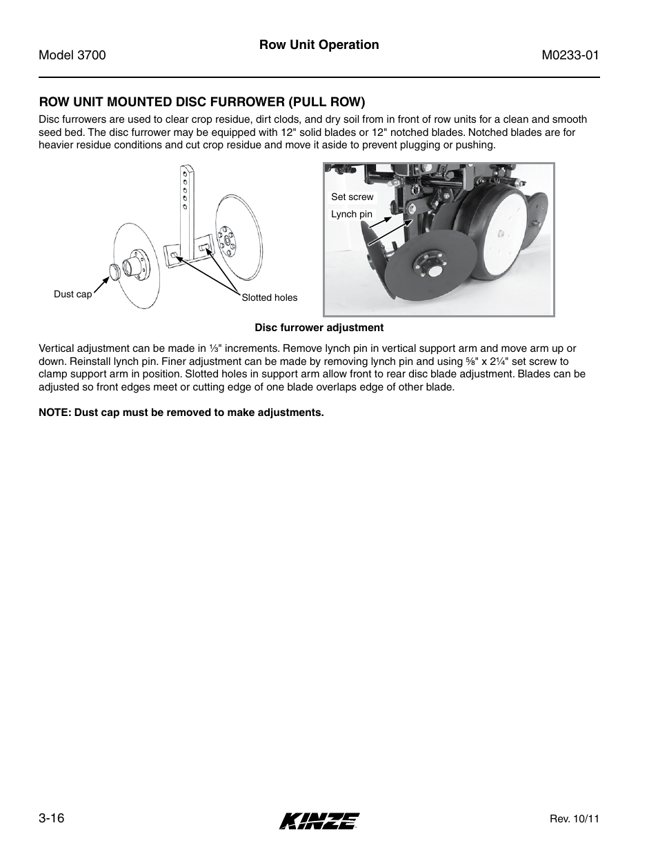 Row unit mounted disc furrower (pull row), Row unit mounted disc furrower (pull row) -16 | Kinze 3700 Front Folding Planter Rev. 7/14 User Manual | Page 64 / 172