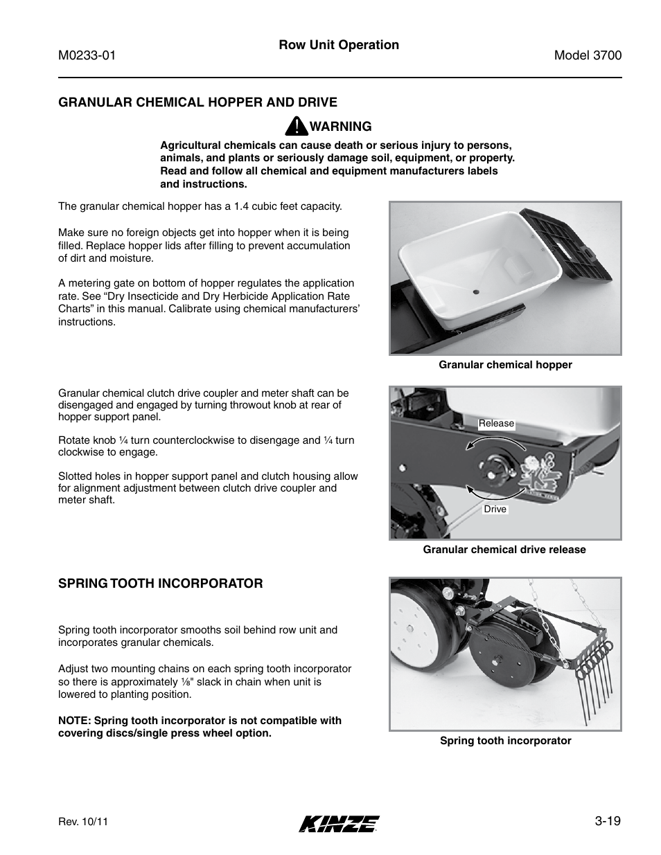 Granular chemical hopper and drive, Spring tooth incorporator, Granular chemical hopper and drive -19 | Spring tooth incorporator -19 | Kinze 3700 Front Folding Planter Rev. 7/14 User Manual | Page 67 / 172