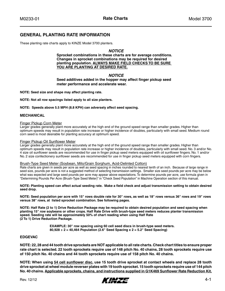 Rate charts, Rate charts -1 | Kinze 3700 Front Folding Planter Rev. 7/14 User Manual | Page 69 / 172