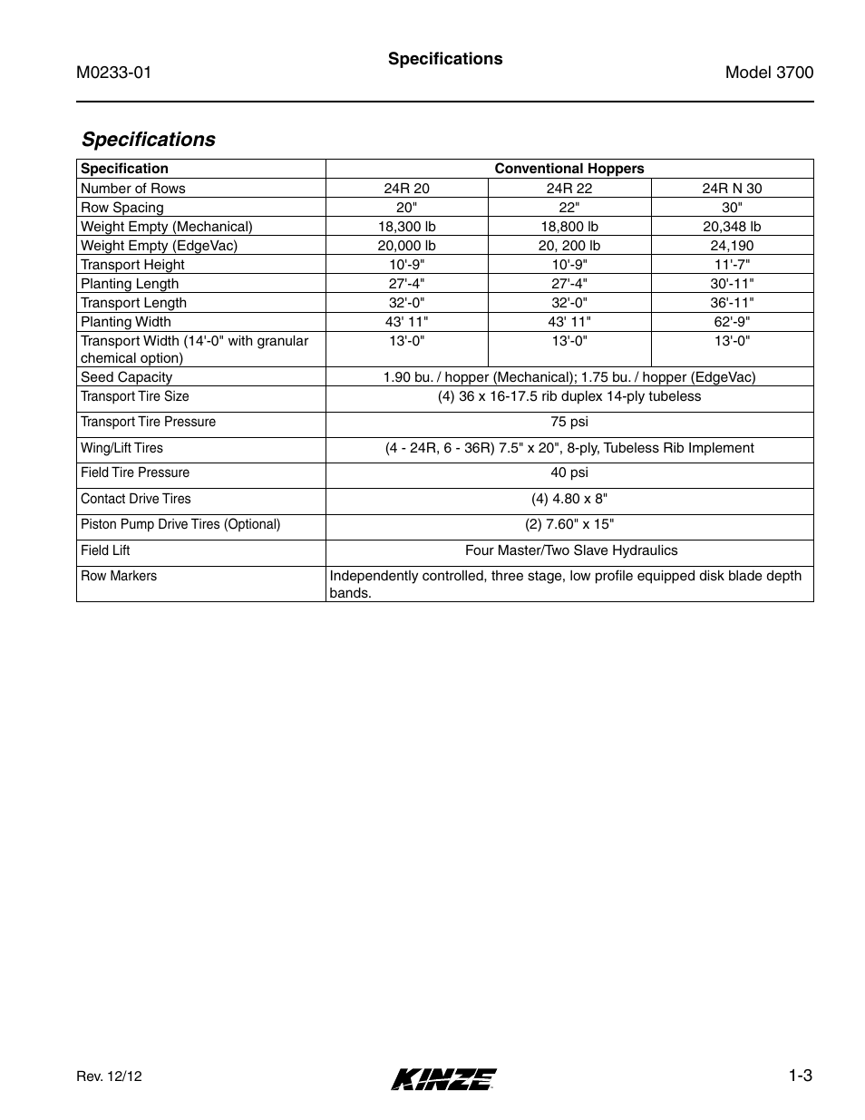 Specifications, Specifications -3 | Kinze 3700 Front Folding Planter Rev. 7/14 User Manual | Page 7 / 172