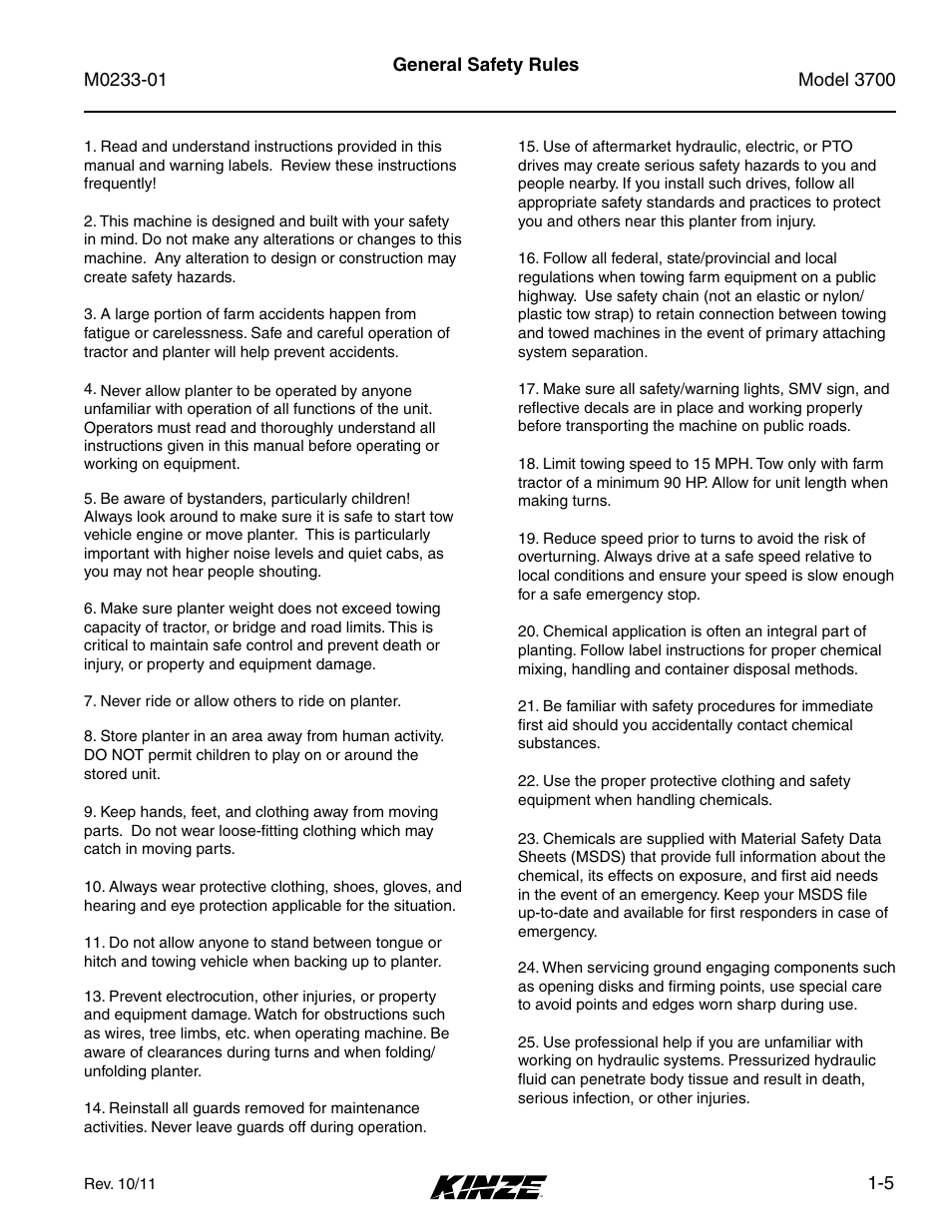 General safety rules, General safety rules -5 | Kinze 3700 Front Folding Planter Rev. 7/14 User Manual | Page 9 / 172