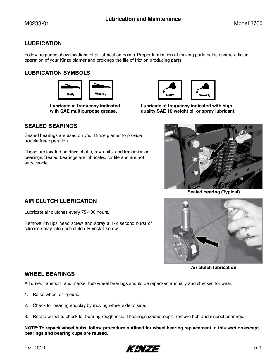 Lubrication and maintenance, Lubrication, Lubrication symbols | Sealed bearings, Air clutch lubrication, Wheel bearings | Kinze 3700 Front Folding Planter Rev. 7/14 User Manual | Page 97 / 172