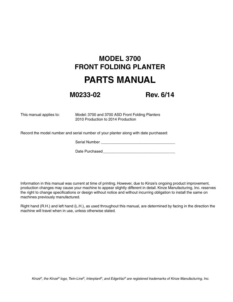 Kinze 3700 Front Folding Planter Rev. 6/14 User Manual | 284 pages